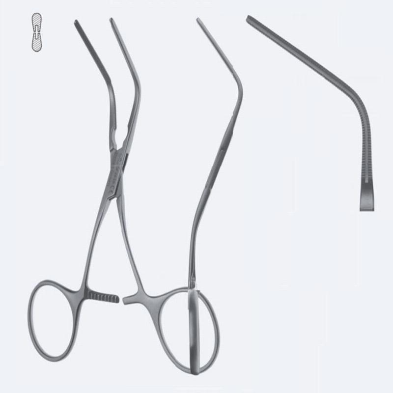 Зажими судинні Tealdi для сонної артерії, зубці Cooley з S-вигнутою ручкою, вигнуті, з кремальєрою, довжина 125 мм. Бренд - Asanus Medizintechnik Gmb, Німеччина